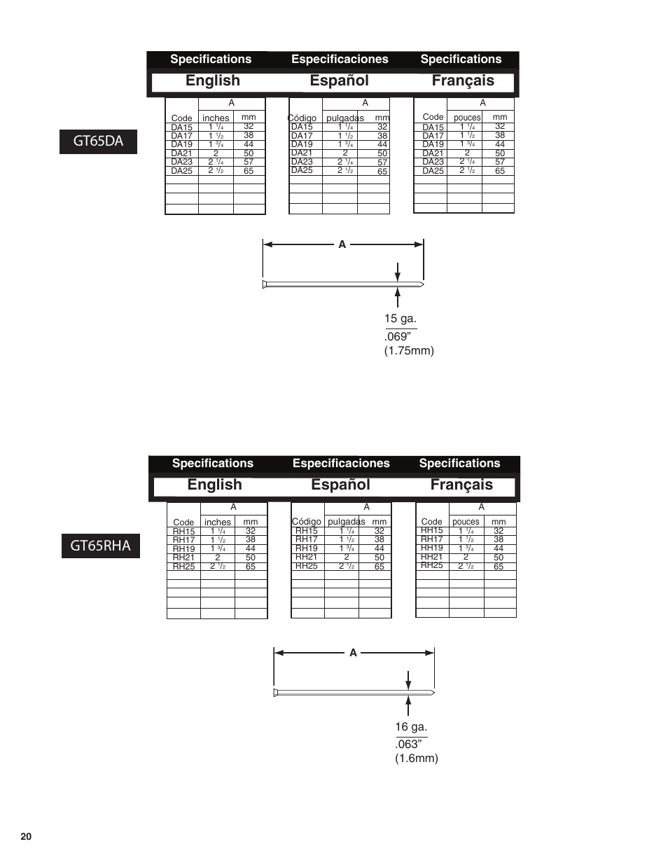 English, Français, Gt65da | Español, Gt65rha, Specifications, Especificaciones | Senco GT65RHA User Manual | Page 20 / 24