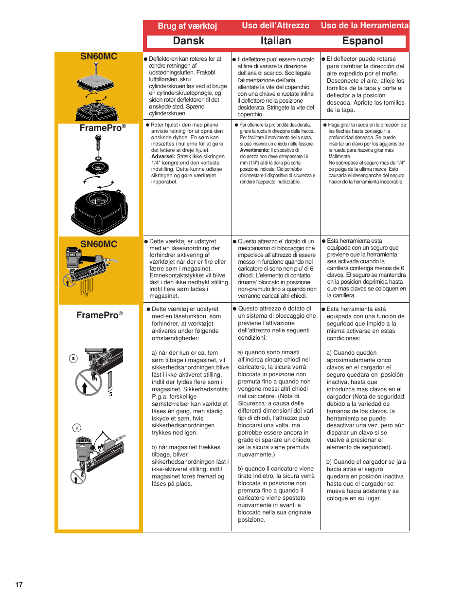 Dansk italian espanol, Sn60mc, Framepro | Senco 600 Series User Manual | Page 18 / 36