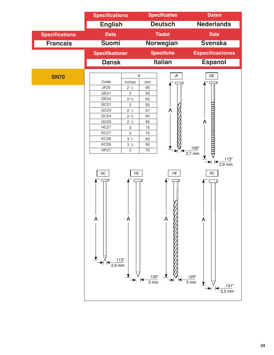 Specifications, Francais suomi norwegian, Svenska | English deutsch nederlands, Dansk italian espanol, Sn70 | Senco 600 Series User Manual | Page 25 / 36