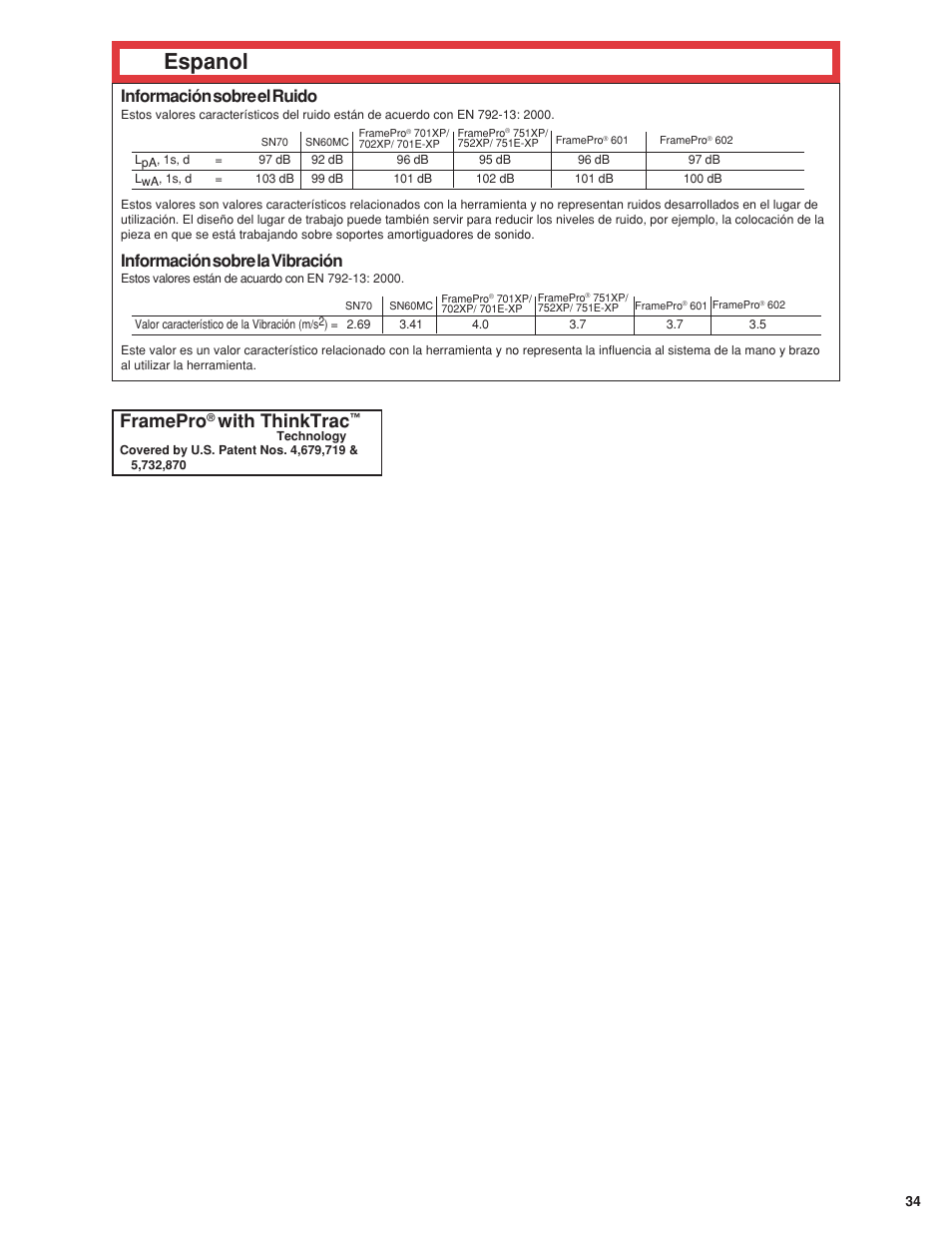 Espanol, Framepro, With thinktrac | Información sobre el ruido, Información sobre la vibración | Senco 600 Series User Manual | Page 35 / 36