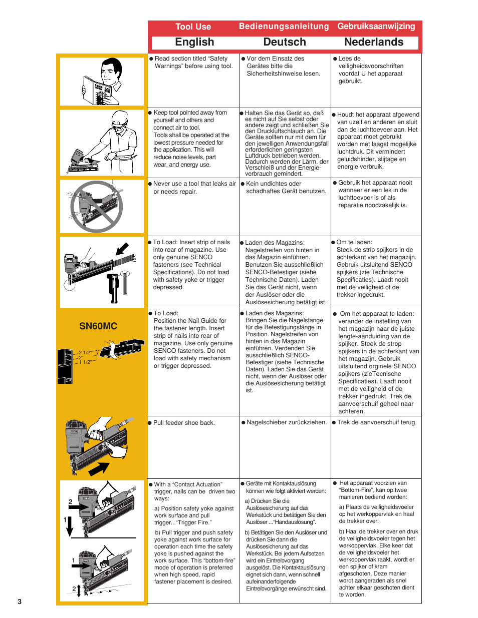 Tool use, English deutsch nederlands, Sn60mc | Tool use bedienungsanleitung gebruiksaanwijzing | Senco 600 Series User Manual | Page 4 / 36