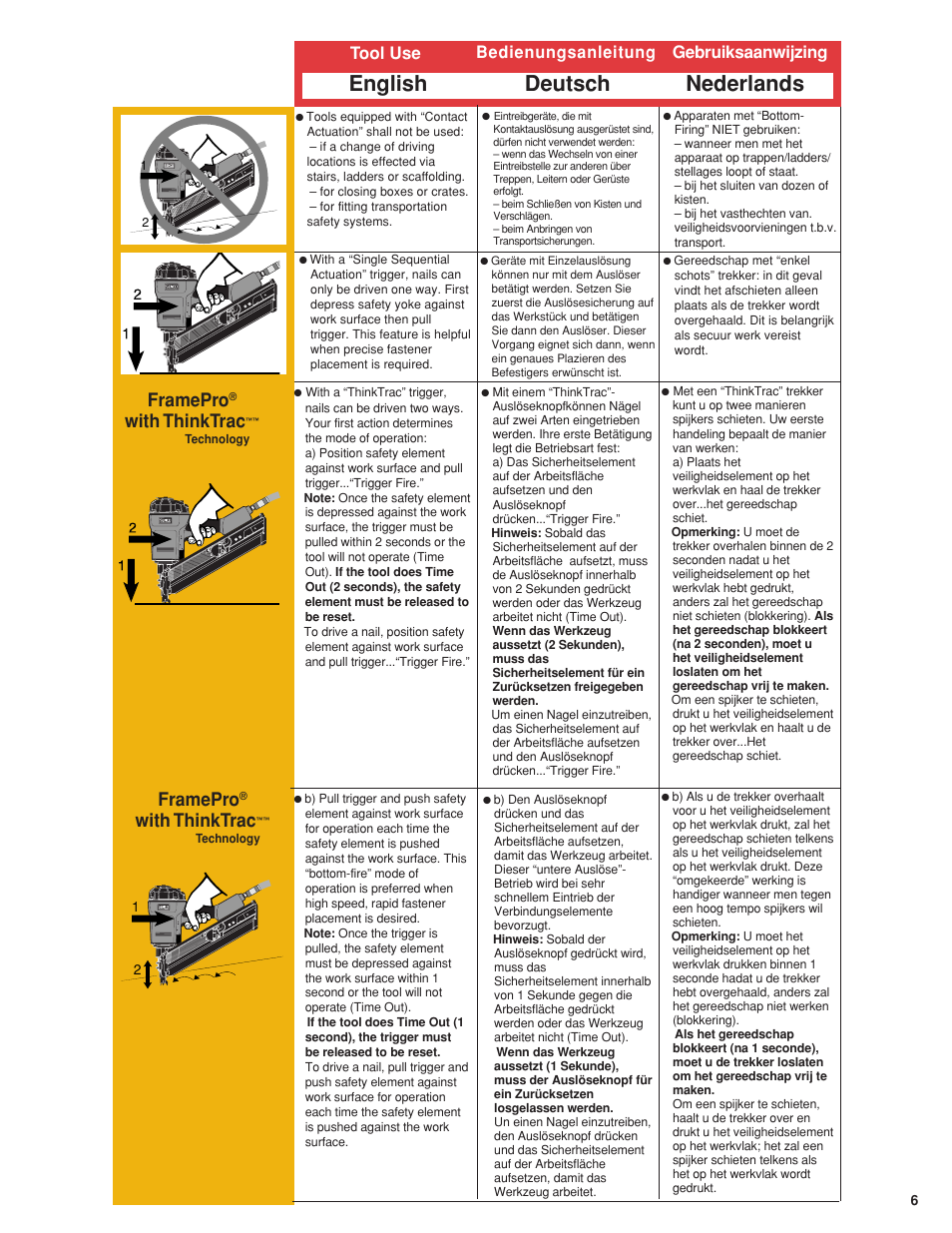 English deutsch nederlands, Framepro, With thinktrac | Tool use bedienungsanleitung gebruiksaanwijzing | Senco 600 Series User Manual | Page 7 / 36