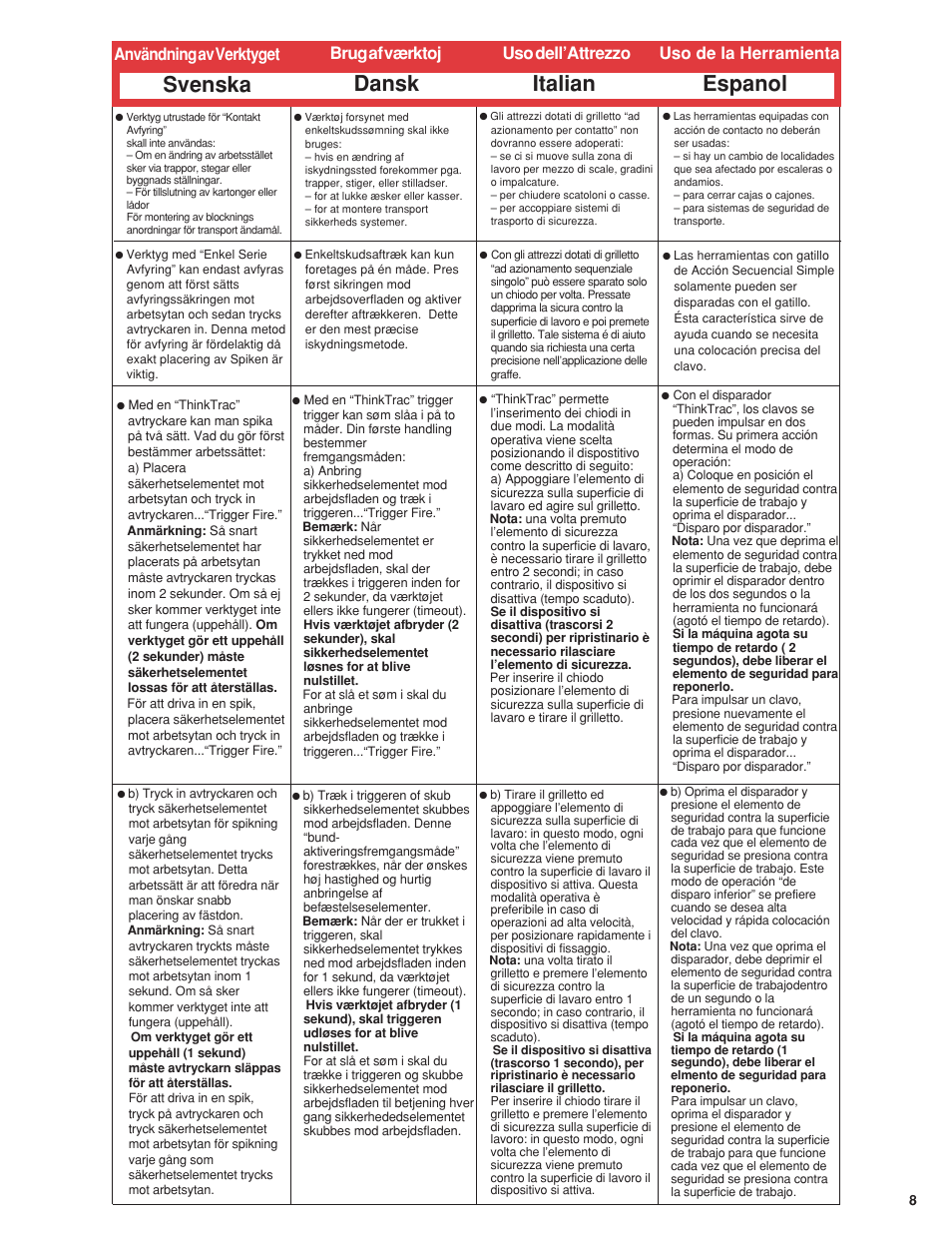 Svenska dansk italian, Espanol, Uso de la herramienta | Senco 600 Series User Manual | Page 9 / 36