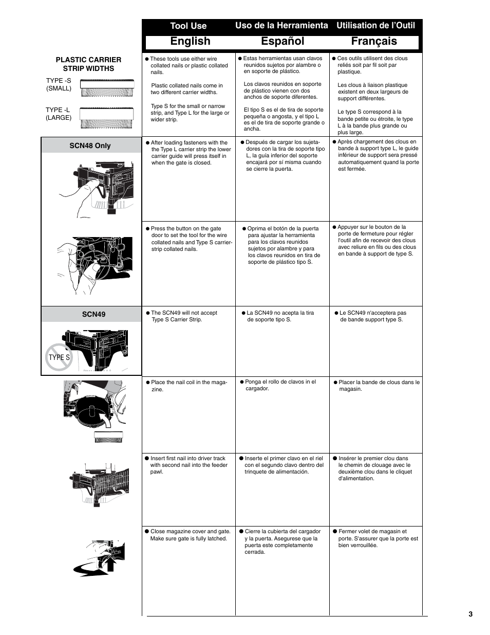 English español français | Senco SCN49 User Manual | Page 3 / 12