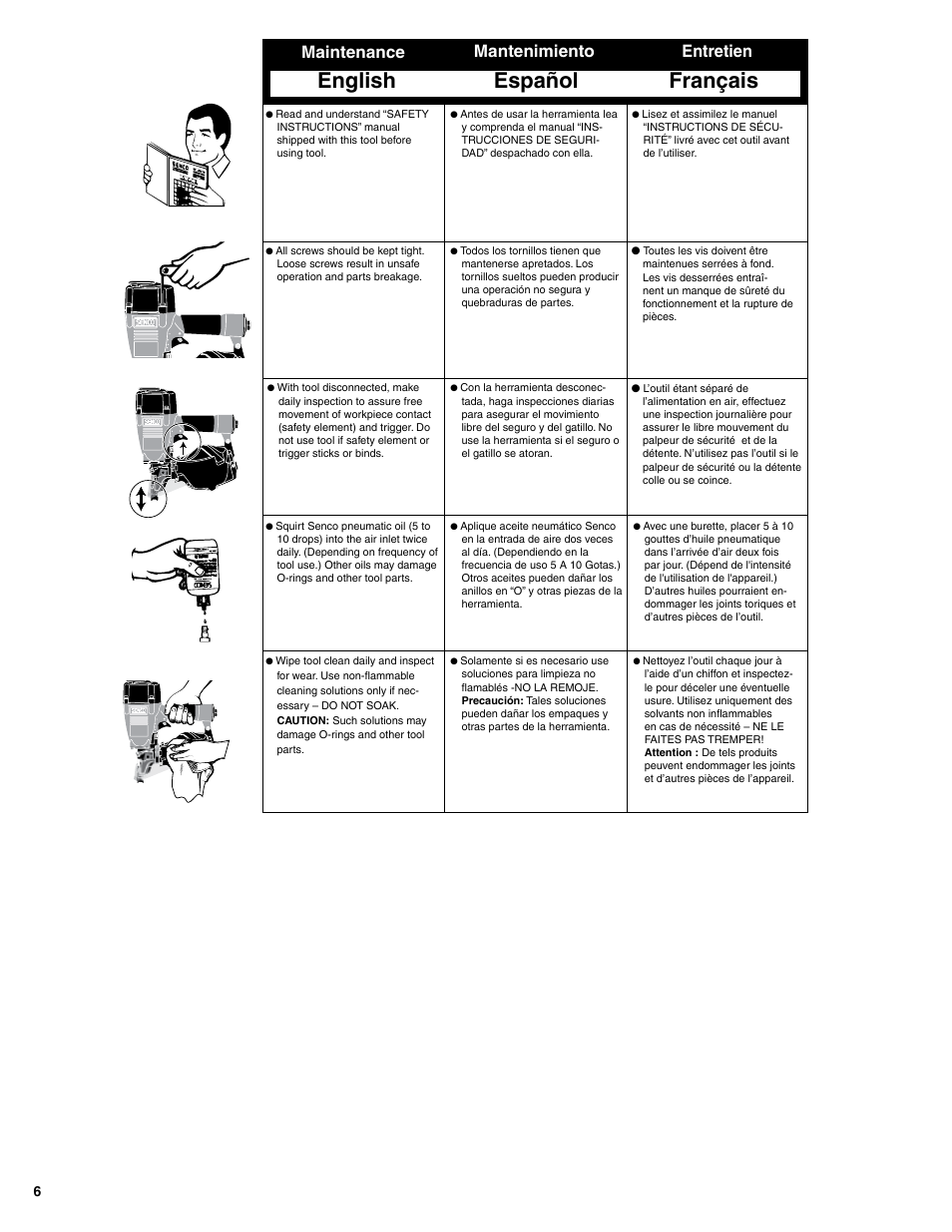English español français, Maintenance mantenimiento entretien | Senco SCN49 User Manual | Page 6 / 12