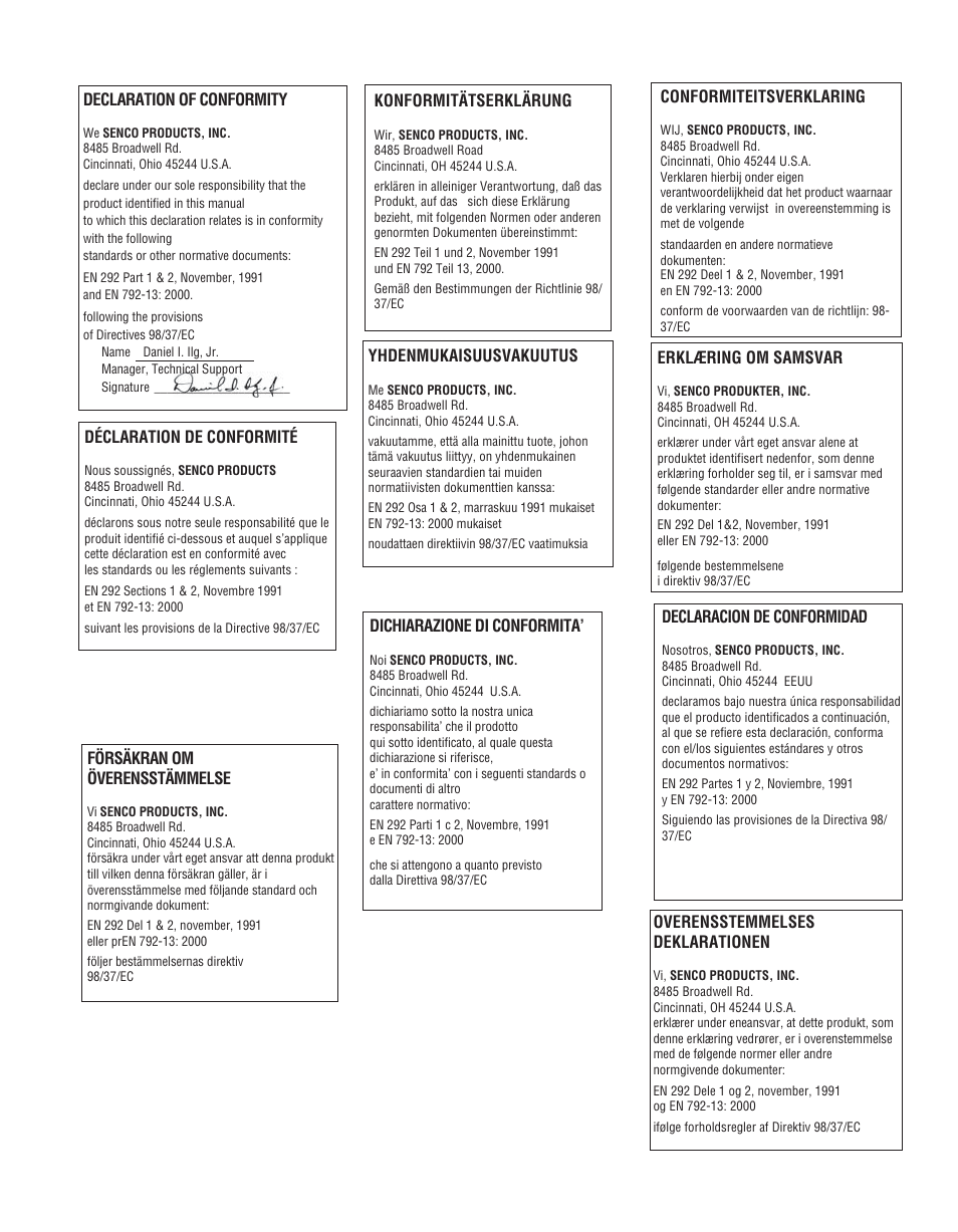 Declaration of conformity | Senco SLS22  EU User Manual | Page 28 / 28