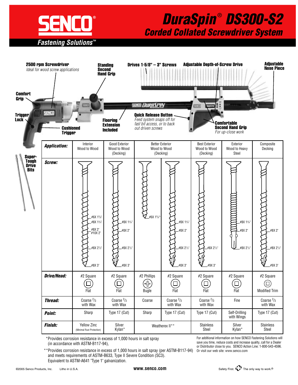 Duraspin, Ds300-s2, Corded collated screwdriver system | Fastening solutions | Senco DS300-S2 User Manual | Page 2 / 2