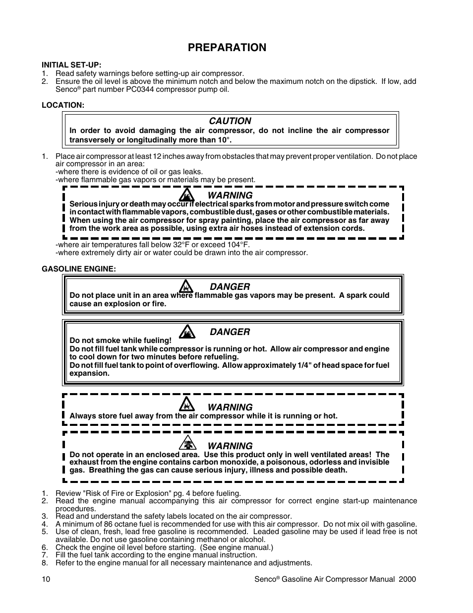 Preparation, Caution, Warning | Danger | Senco PC2015 User Manual | Page 10 / 16