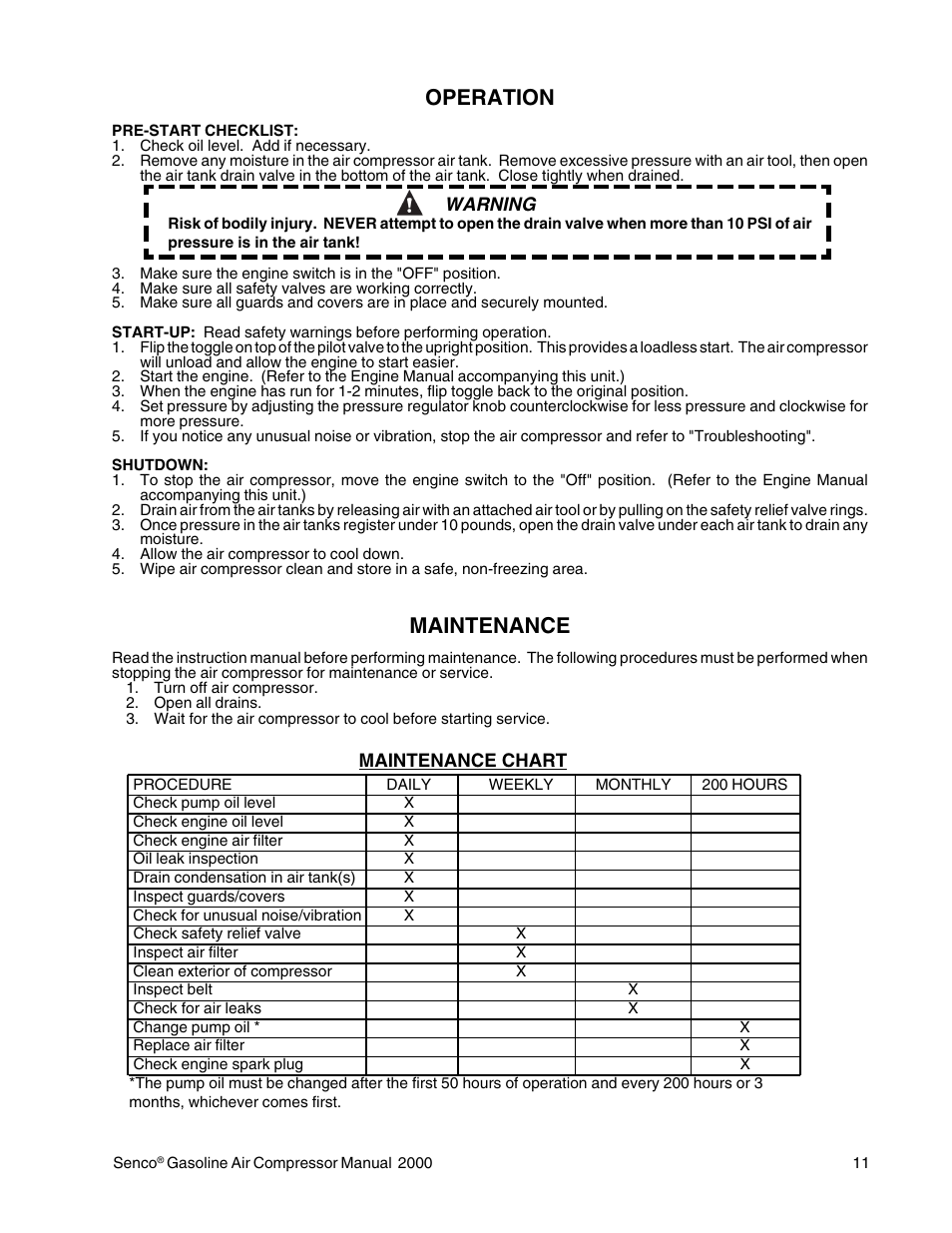 Operation, Maintenance, Warning | Senco PC2015 User Manual | Page 11 / 16