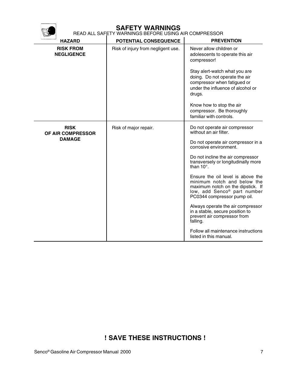 Save these instructions ! safety warnings | Senco PC2015 User Manual | Page 7 / 16