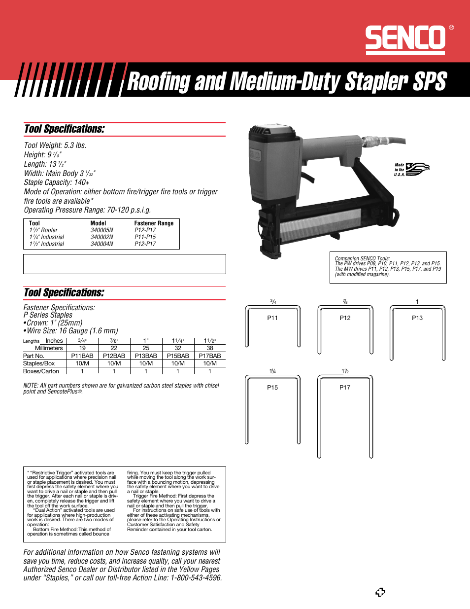 Roofing and medium-duty stapler sps, Tool specifications, Tool weight: 5.3 lbs. height: 9 | Length: 13, Width: main body 3 | Senco SPS User Manual | Page 2 / 2