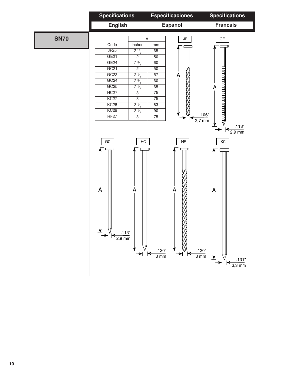 Technical specifications, Sn70 | Senco FramePro 702XP User Manual | Page 10 / 16