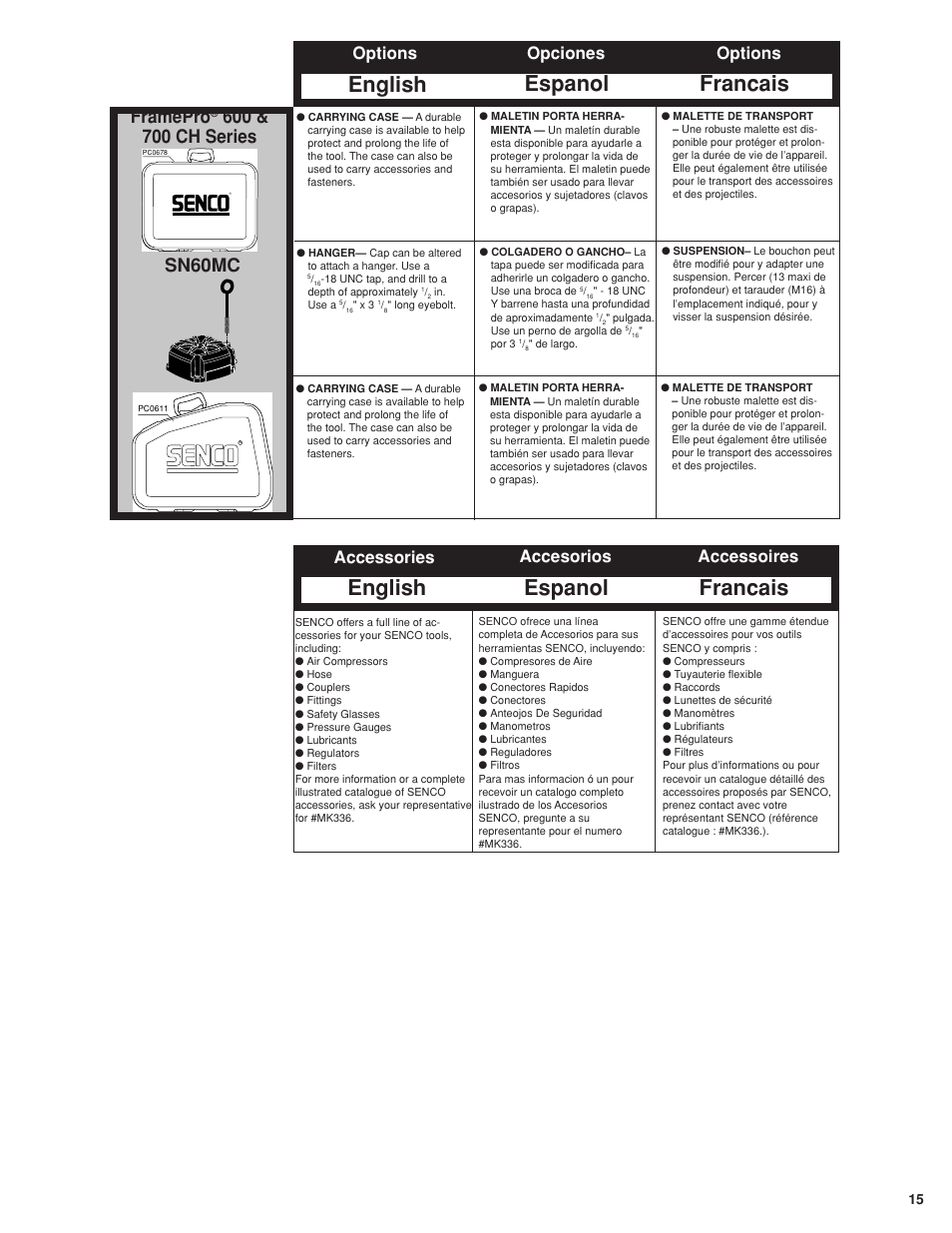 Accessories, English espanol francais, Sn60mc | Framepro, Accessories accesorios accessoires, Options opciones options | Senco FramePro 702XP User Manual | Page 15 / 16