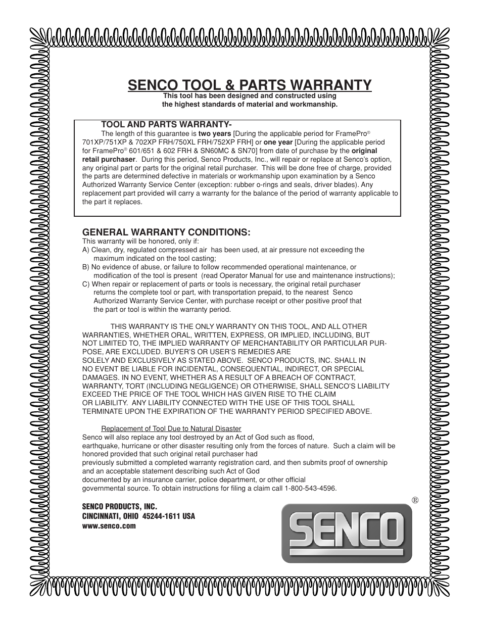 Warranty, Senco tool & parts warranty | Senco FramePro 702XP User Manual | Page 16 / 16