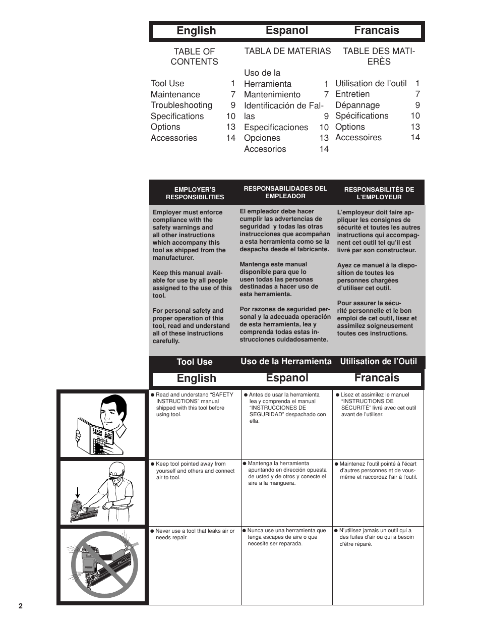 Tool use, English espanol francais | Senco FramePro 702XP User Manual | Page 2 / 16