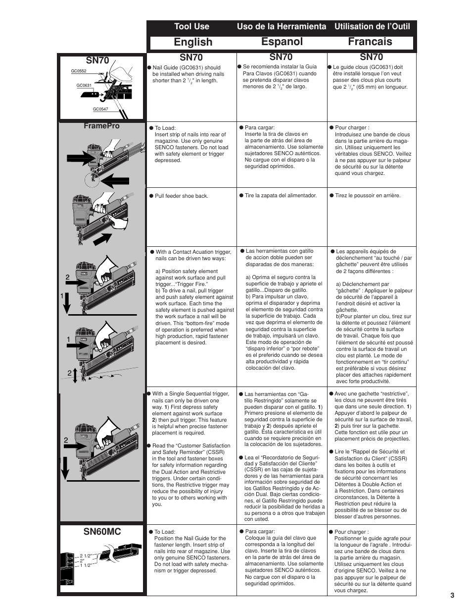 English espanol francais, Sn60mc, Sn70 | Framepro | Senco FramePro 702XP User Manual | Page 3 / 16