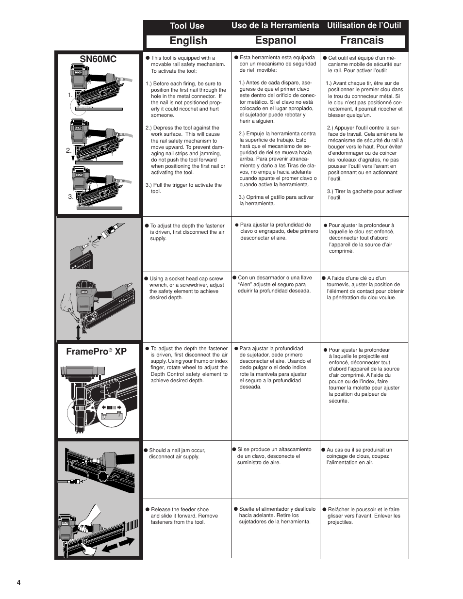 English espanol francais, Sn60mc, Framepro | Senco FramePro 702XP User Manual | Page 4 / 16