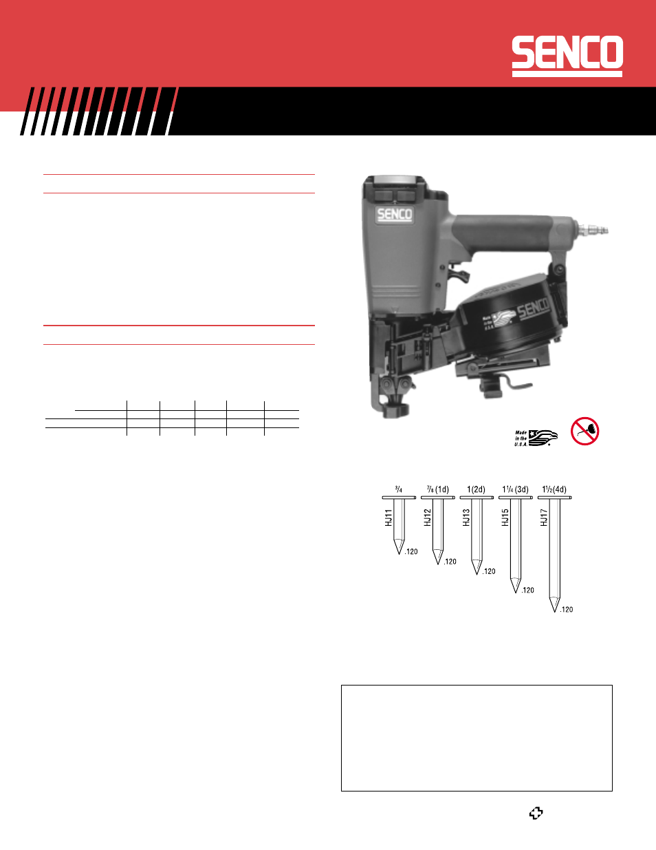 Scn40r roofing coil nailer, Tool specifications, Fastener specifications | 264 mm) length: 9 | Senco SCN40R User Manual | Page 2 / 2