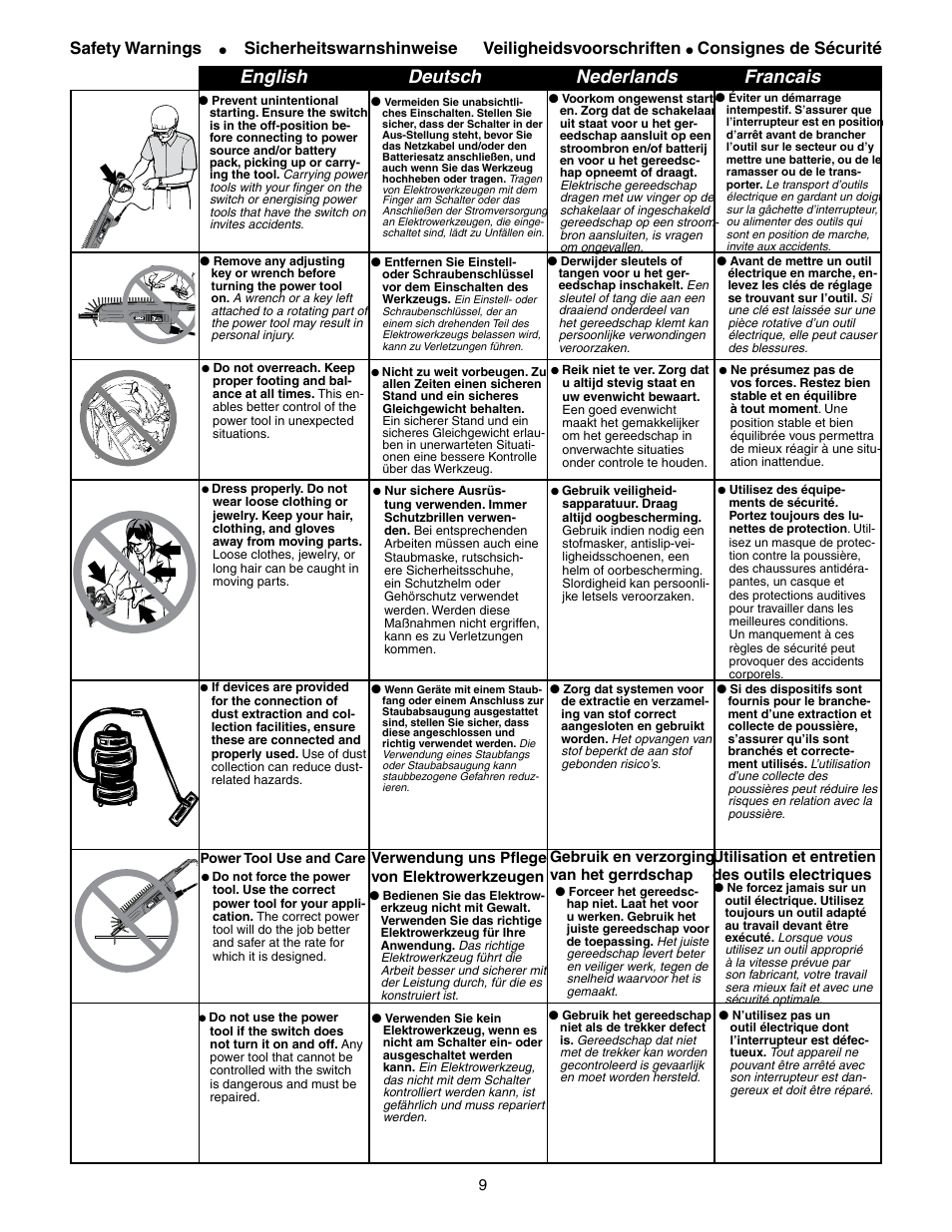 English deutsch nederlands francais, Safety warnings, Sicherheitswarnshinweise | Veiligheidsvoorschriften, Consignes de sécurité | Senco DS300-AC User Manual | Page 9 / 39