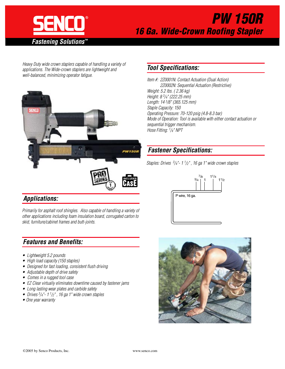 Senco Wide-Crown Roofing Stapler PW150R User Manual | 2 pages