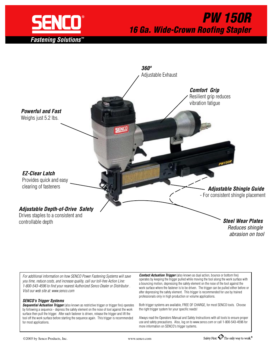 Pw 150r, 16 ga. wide-crown roofing stapler, Fastening solutions | Senco Wide-Crown Roofing Stapler PW150R User Manual | Page 2 / 2