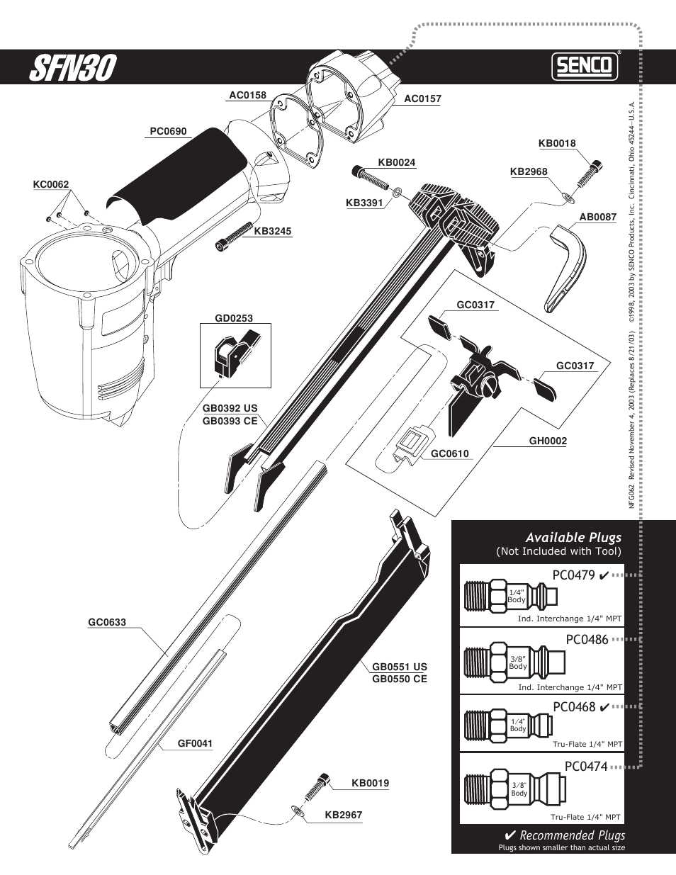 Available safety elements, Pc0479, Pc0474 | Recommended plugs, Available plugs | Senco YK0368 User Manual | Page 3 / 4