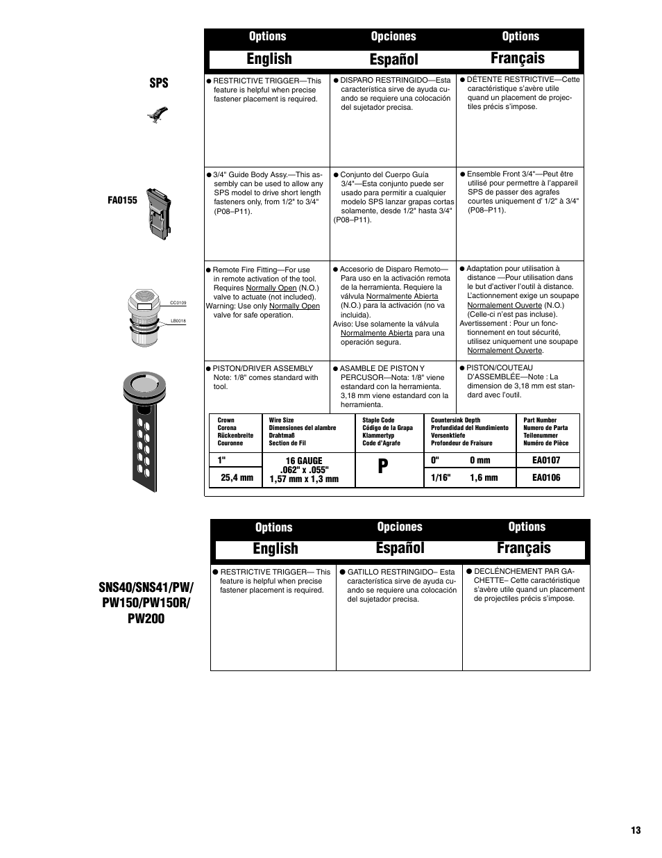 English español français, Options opciones options | Senco HVST060 User Manual | Page 13 / 16