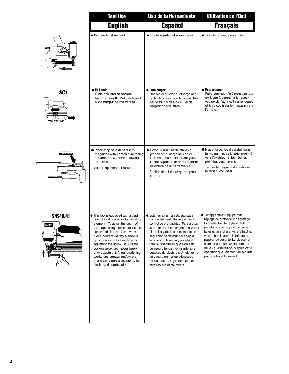 English español français, Sns40/41 | Senco HVST060 User Manual | Page 4 / 16