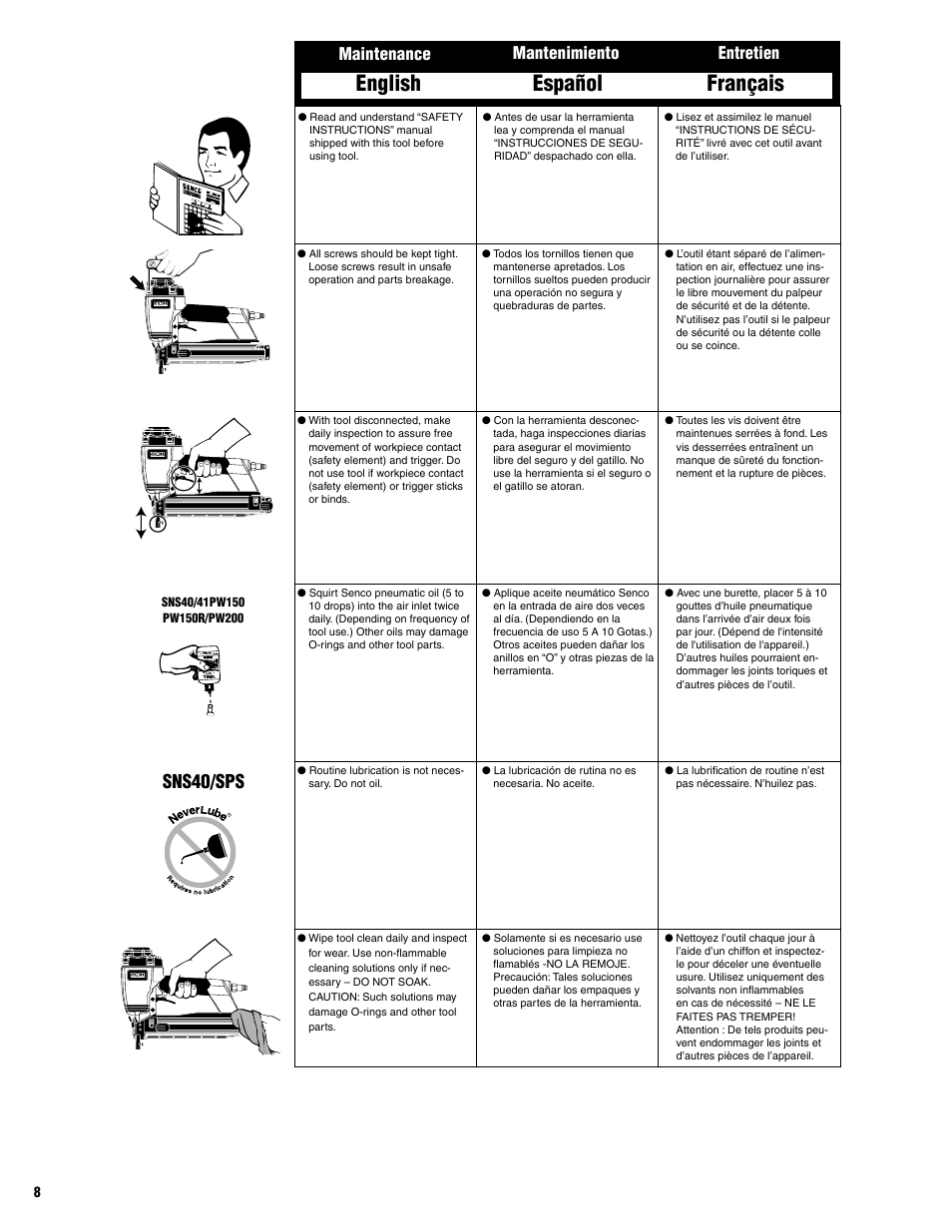 English español français, Sns40/sps, Maintenance mantenimiento entretien | Senco HVST060 User Manual | Page 8 / 16