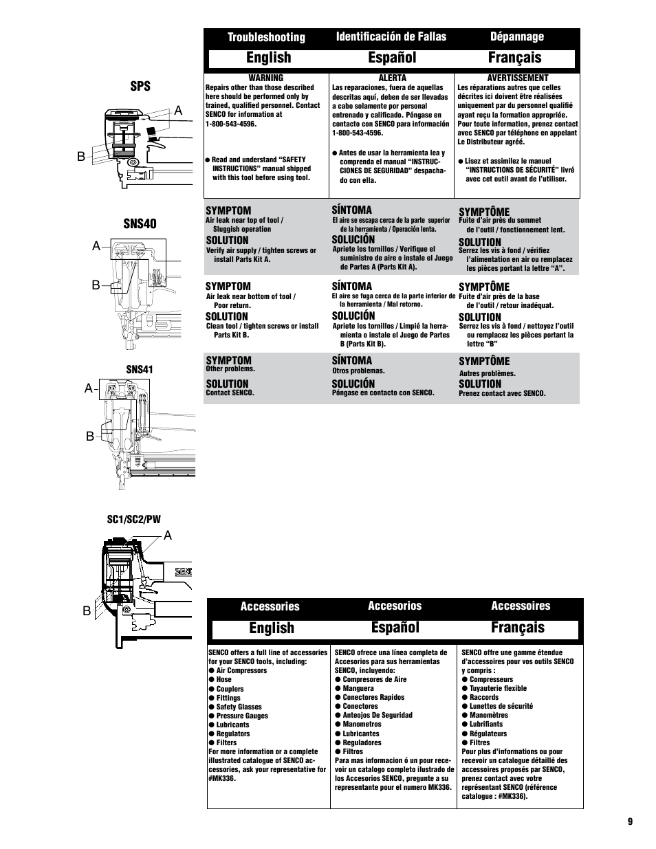 English español français, Sns40, Accessories accesorios accessoires | Troubleshooting identificación de fallas dépannage | Senco HVST060 User Manual | Page 9 / 16