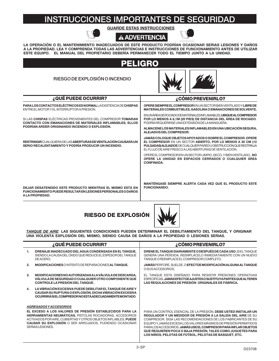 Peligro, Instrucciones importantes de seguridad, Riesgo de explosión | Senco ACCUSET PC2053-1 User Manual | Page 19 / 48