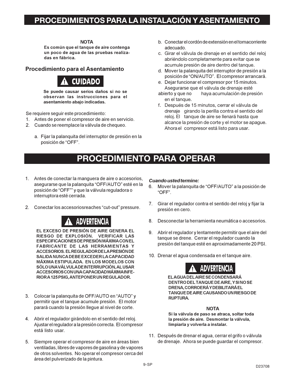 Procedimiento para operar, Procedimientos para la instalación y asentamiento | Senco ACCUSET PC2053-1 User Manual | Page 25 / 48