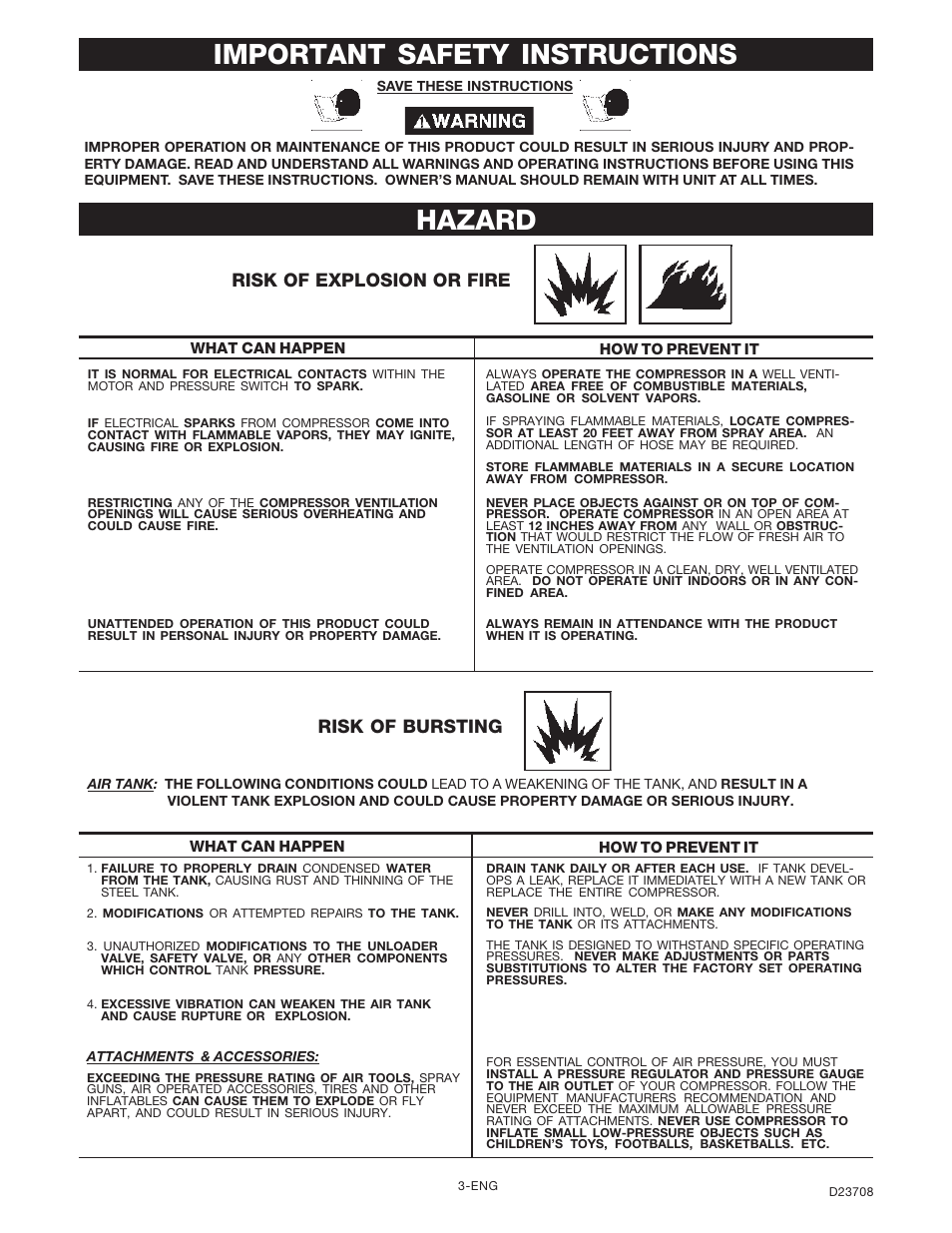Hazard, Important safety instructions, Risk of bursting | Risk of explosion or fire | Senco ACCUSET PC2053-1 User Manual | Page 3 / 48