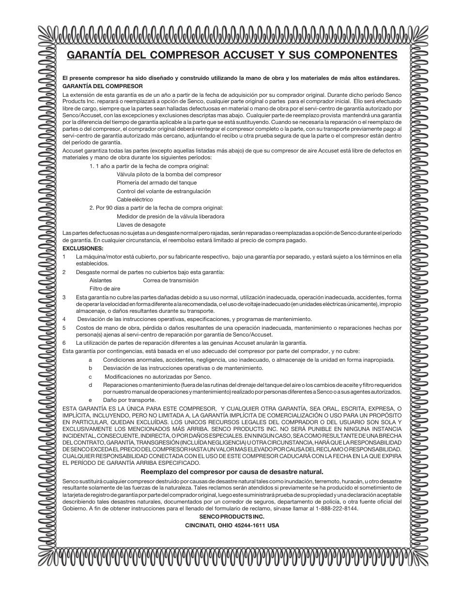 Garantía del compresor accuset y sus componentes | Senco ACCUSET PC2053-1 User Manual | Page 32 / 48