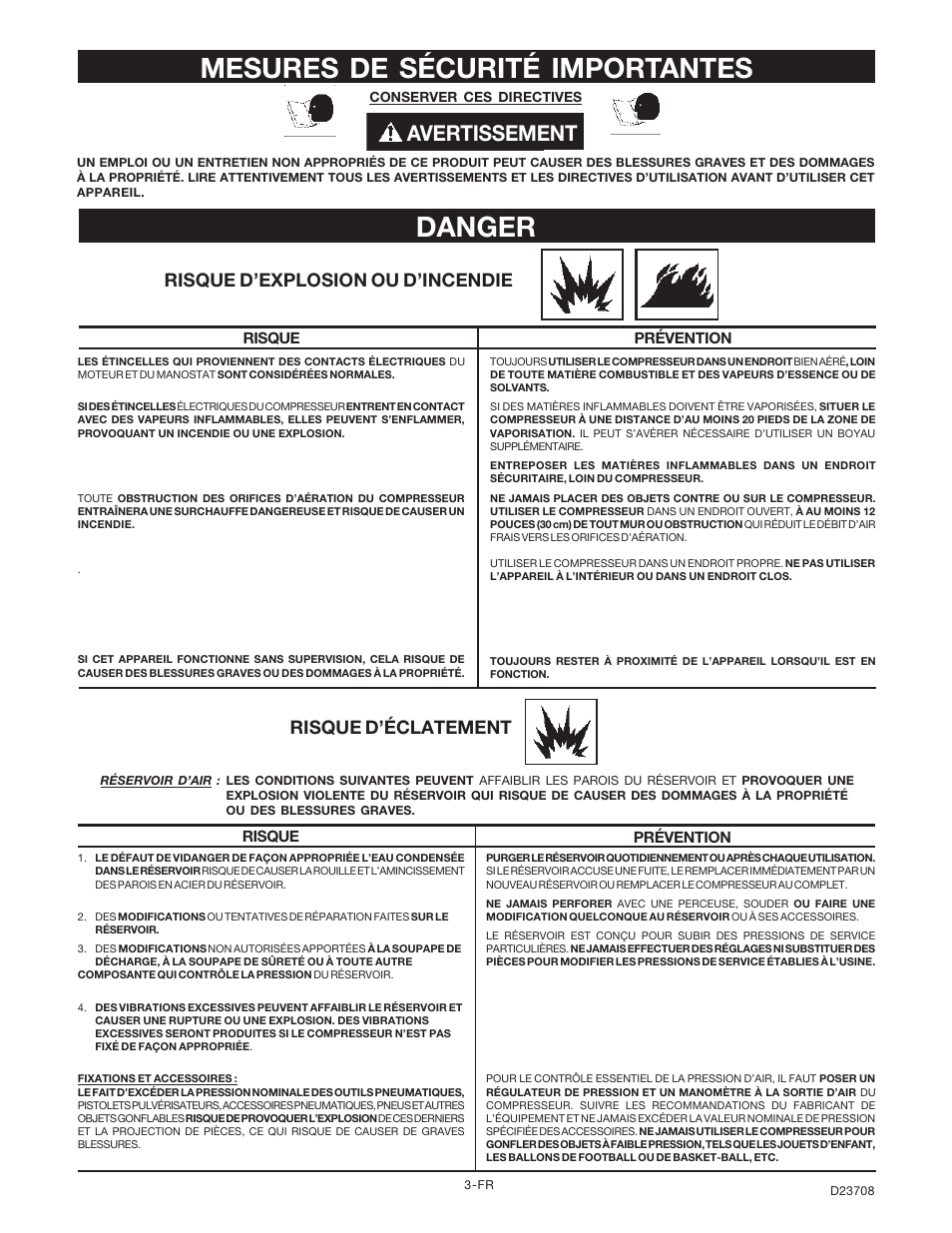 Danger mesures de sécurité importantes, Avertissement, Risque d’éclatement | Risque d’explosion ou d’incendie | Senco ACCUSET PC2053-1 User Manual | Page 35 / 48