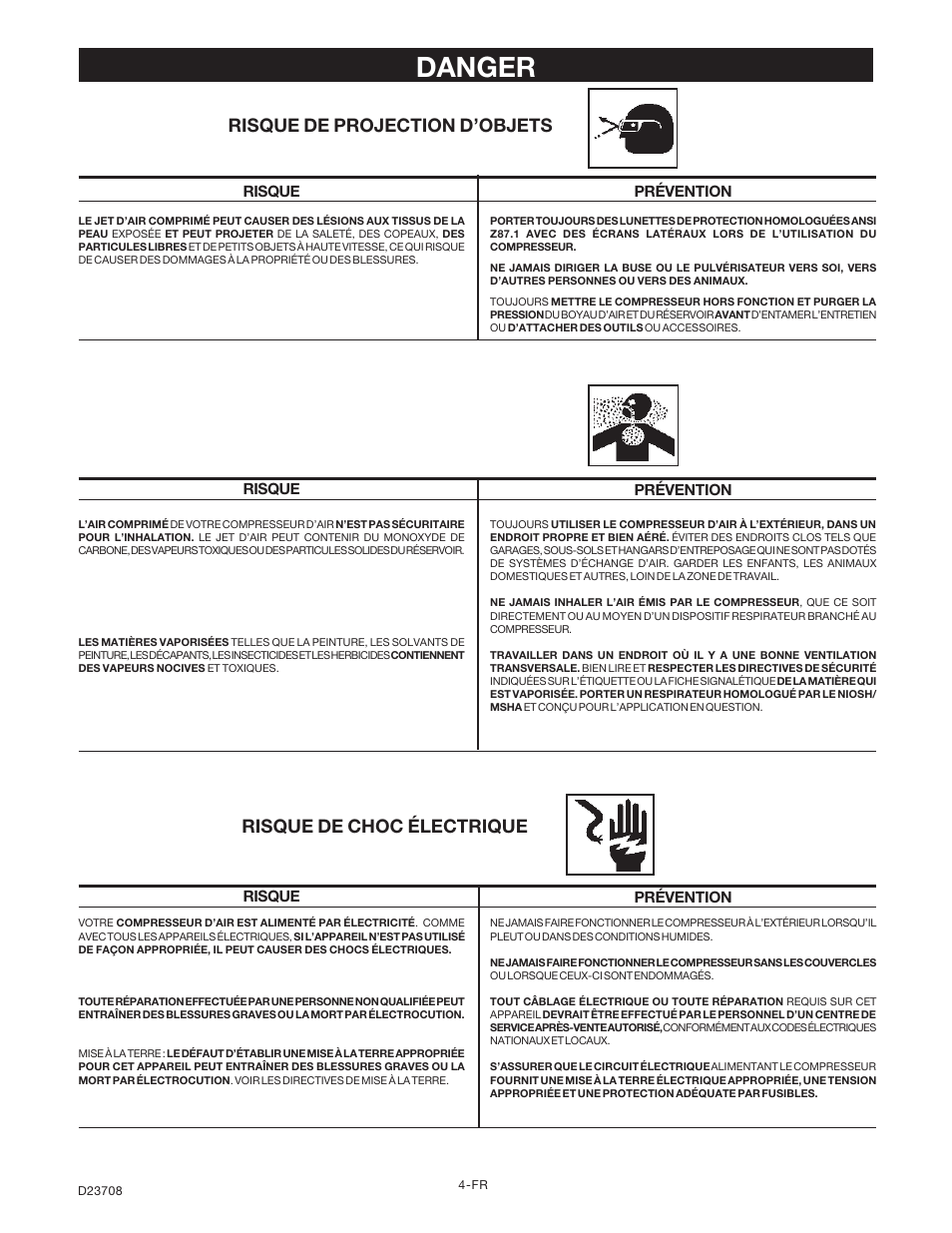 Danger, Risque de projection d’objets, Risque de choc électrique | Senco ACCUSET PC2053-1 User Manual | Page 36 / 48