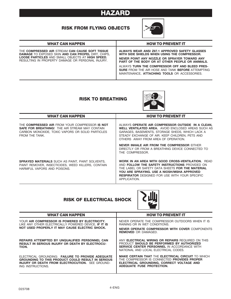 Hazard, Risk from flying objects, Risk to breathing | Risk of electrical shock | Senco ACCUSET PC2053-1 User Manual | Page 4 / 48