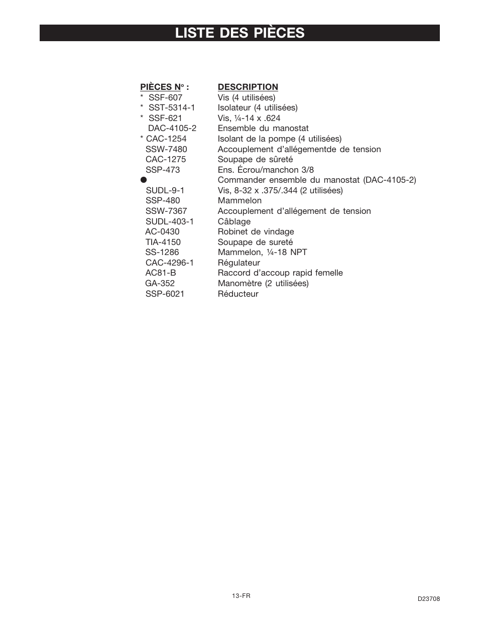 Liste des pièces | Senco ACCUSET PC2053-1 User Manual | Page 45 / 48