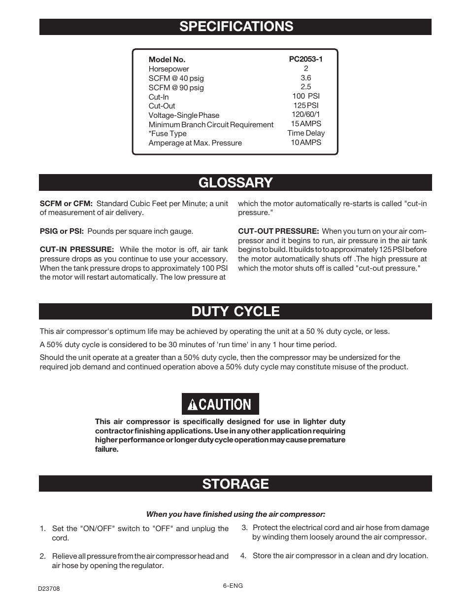 Specifications duty cycle glossary storage | Senco ACCUSET PC2053-1 User Manual | Page 6 / 48