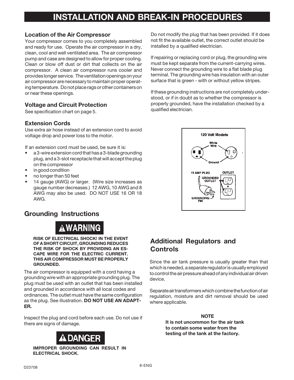 Installation and break-in procedures, Grounding instructions, Additional regulators and controls | Senco ACCUSET PC2053-1 User Manual | Page 8 / 48