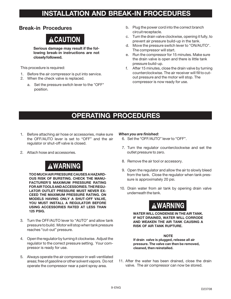 Break-in procedures | Senco ACCUSET PC2053-1 User Manual | Page 9 / 48