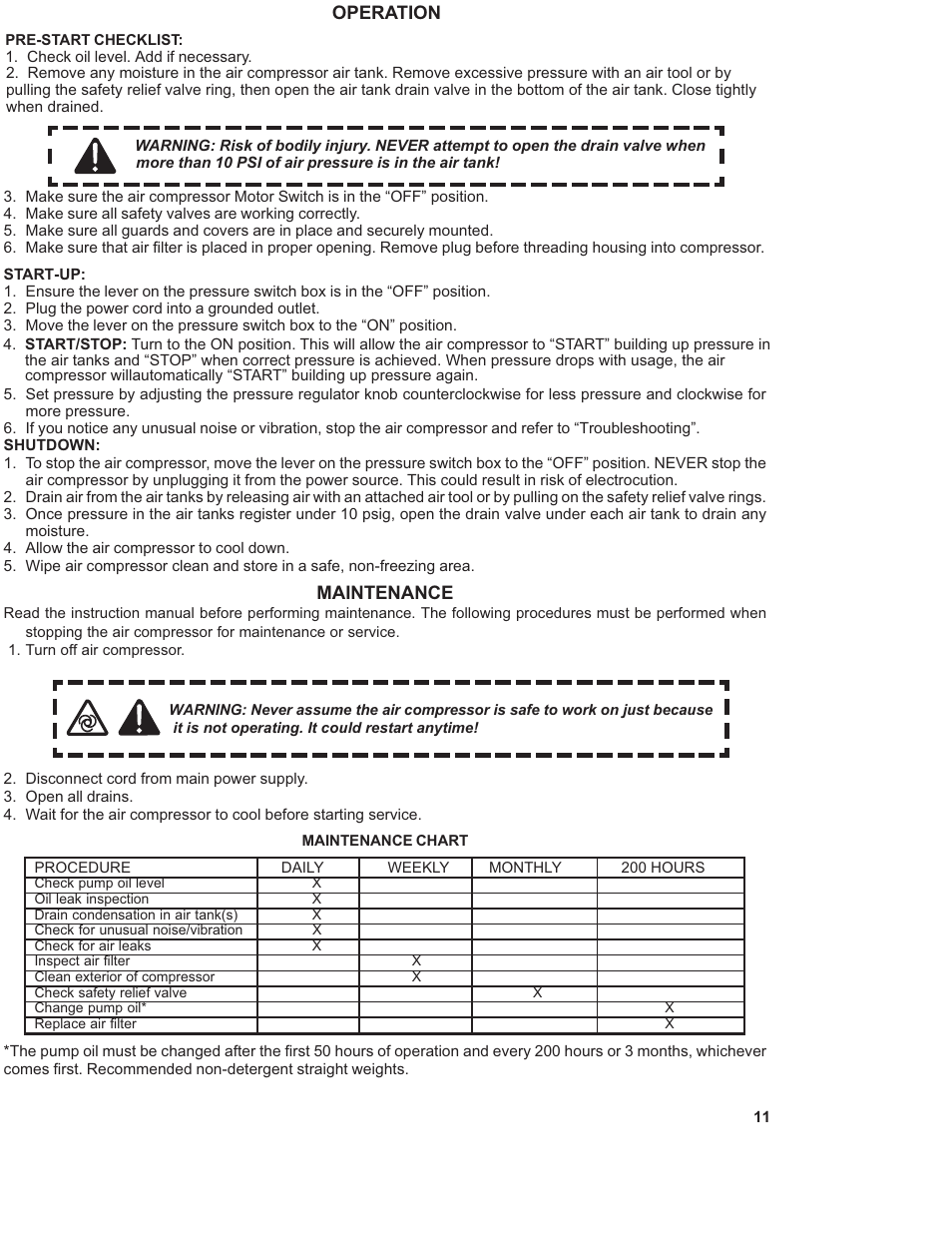 Operation, Maintenance | Senco PC1130 User Manual | Page 11 / 16