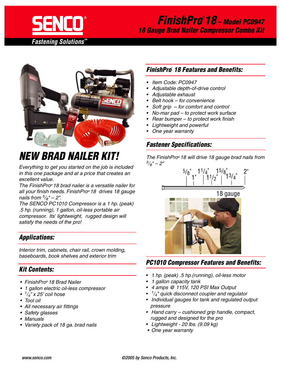 Senco Brad Nailer Compressor Combo Kit PC0947 User Manual | 2 pages