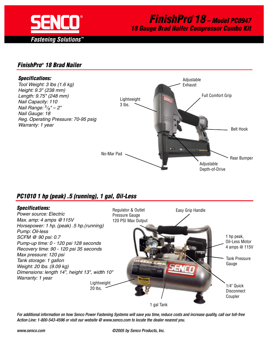 Finishpro, Fastening solutions | Senco Brad Nailer Compressor Combo Kit PC0947 User Manual | Page 2 / 2