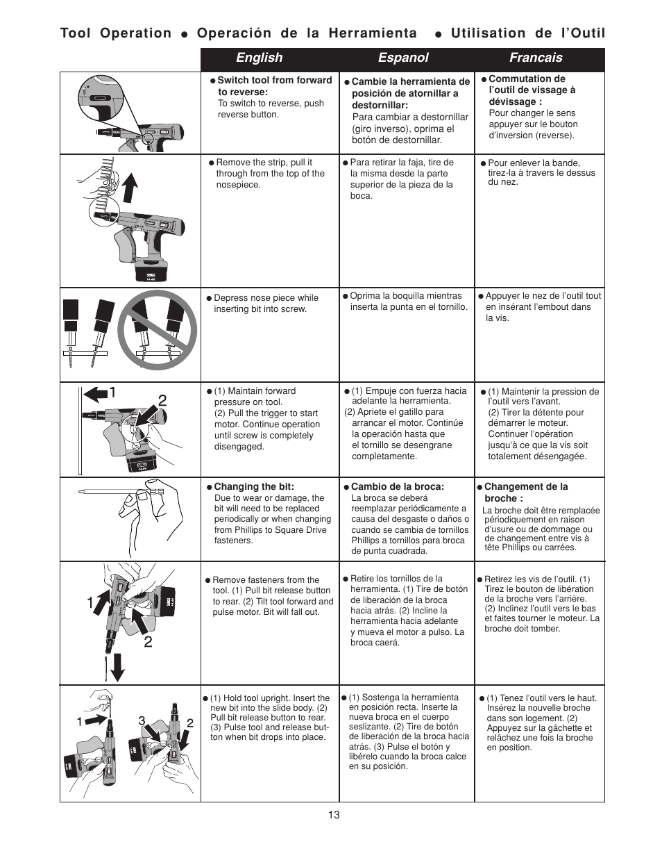 Tool operation, Operación de la herramienta, Utilisation de l’outil | English espanol francais | Senco DS202-14V User Manual | Page 13 / 20