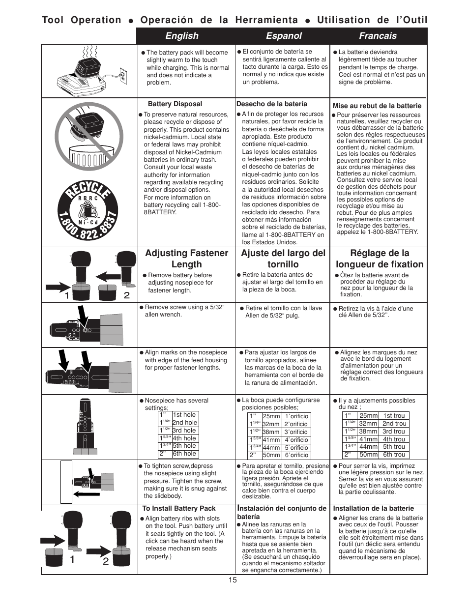 Tool operation, Operación de la herramienta, Utilisation de l’outil | English espanol francais, Adjusting fastener length, Ajuste del largo del tornillo, Réglage de la longueur de fixation | Senco DS202-14V User Manual | Page 15 / 20