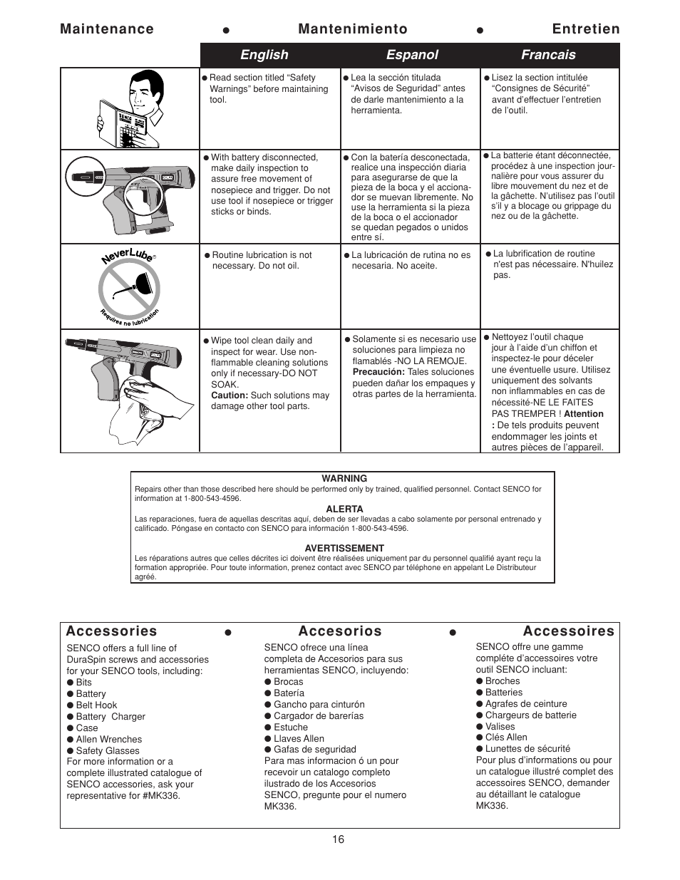 Maintenance, Mantenimiento, Entretien | Accessories, Accesorios, Accessoires, English espanol francais | Senco DS202-14V User Manual | Page 16 / 20