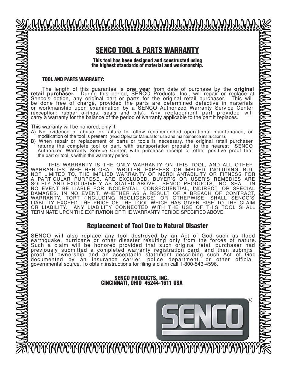 Warranty, Senco tool & parts warranty, Replacement of tool due to natural disaster | Senco DS202-14V User Manual | Page 20 / 20