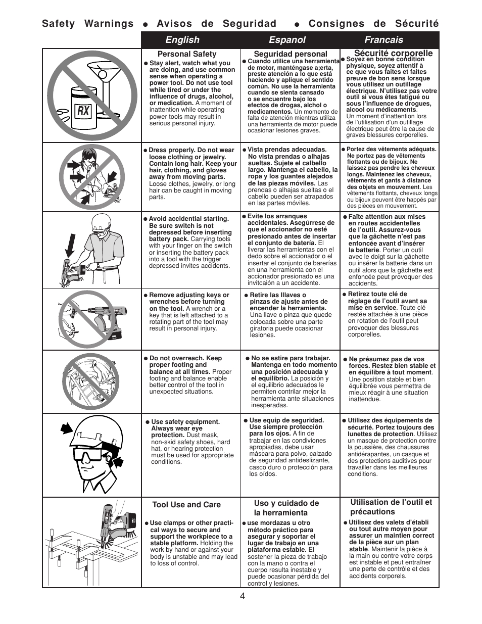 Safety warnings, Avisos de seguridad, Consignes de sécurité | English espanol francais, Sécurité corporelle | Senco DS202-14V User Manual | Page 4 / 20