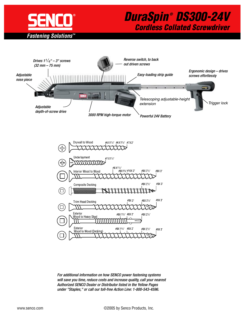 Duraspin, Cordless collated screwdriver, Fastening solutions | Senco Duraspin DS300-24V User Manual | Page 2 / 2